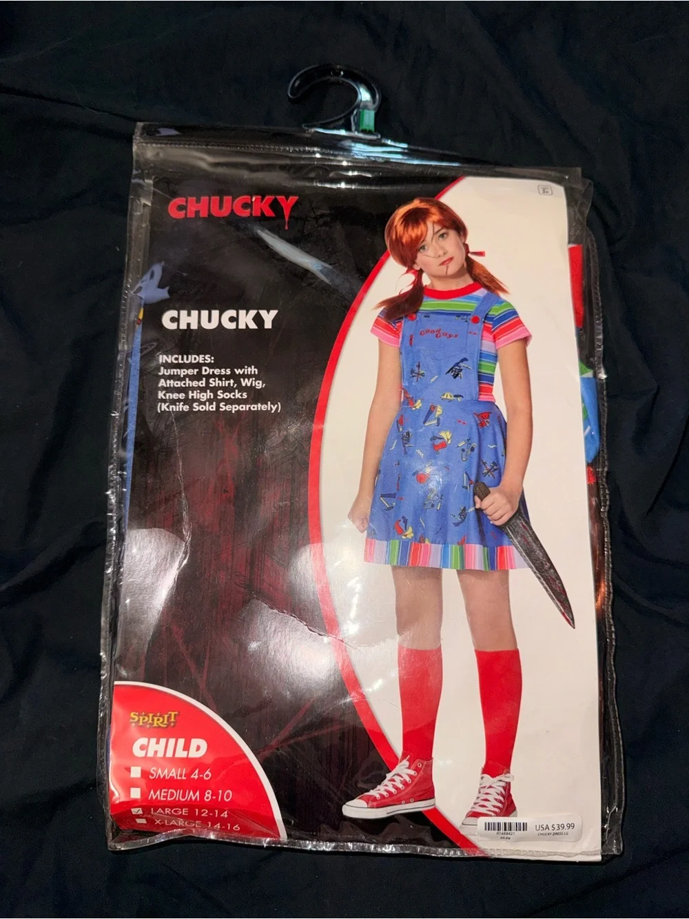 Chucky Jumper Dress Costume with Red Socks and Wig size large kids